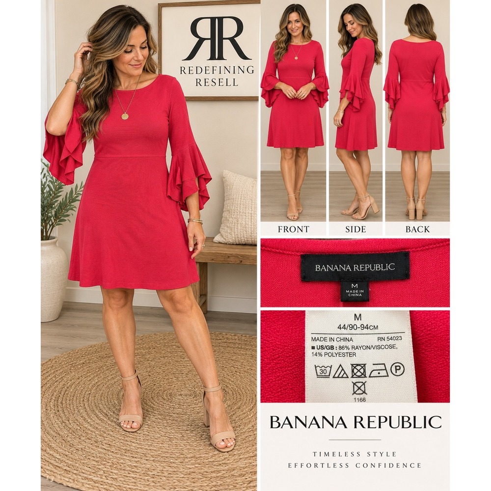 Banana Republic Red Ruffle Bell Sleeve Knit Fit & Flare Dress NWT M 267688-01-1